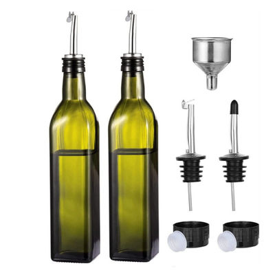 กระป๋องน้ํามันครัวสีเขียวเข้มกระจกด้วยสแตนเลส Spout Funnel Square 500ml 2pcs