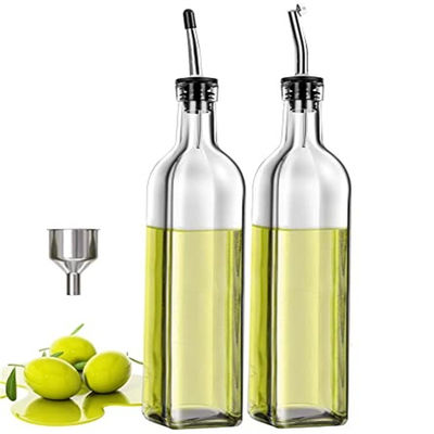 กระป๋องน้ํามันครัวสีเขียวเข้มกระจกด้วยสแตนเลส Spout Funnel Square 500ml 2pcs