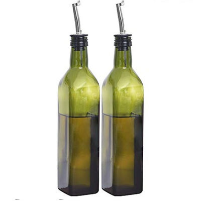 กระป๋องน้ํามันครัวสีเขียวเข้มกระจกด้วยสแตนเลส Spout Funnel Square 500ml 2pcs