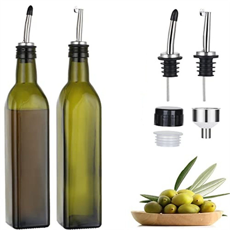 กระป๋องน้ํามันครัวสีเขียวเข้มกระจกด้วยสแตนเลส Spout Funnel Square 500ml 2pcs