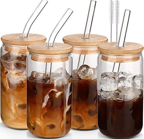 กระปุกแก้วโบโรซิลิเคตสูง มีฝาเบ็มบัมบูและสับแก้วแก้วใส 16 oz