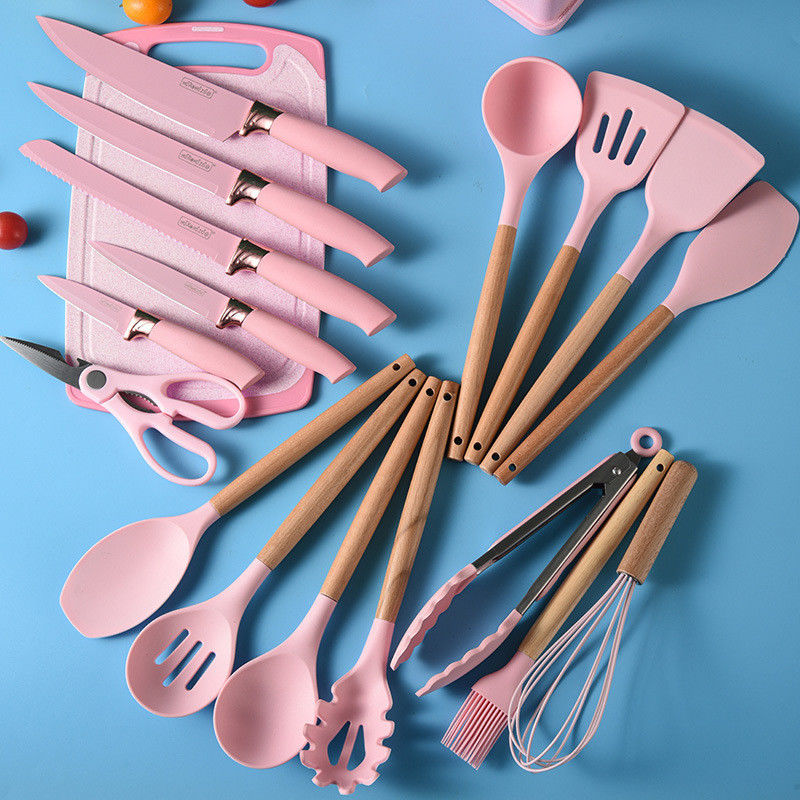 19 ชิ้นมือไม้ ซิลิโคนชุดเครื่องครัวสําหรับเครื่องมือทําอาหารและร้านอาหารที่จัดสรร